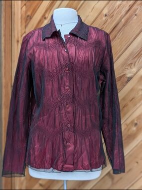 Red Textured Button-Up Blouse